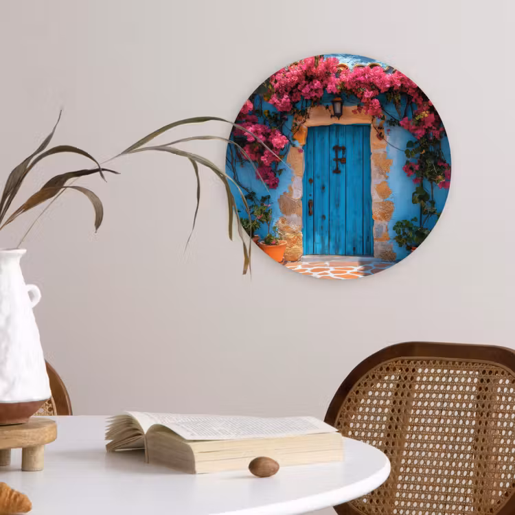 Deur - Hout - Bloemen - Blauw Wandcirkel plexiglas klein -sfeer4