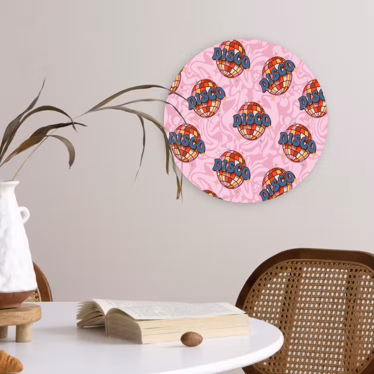 Disco - Bal - Patroon - Roze Wandcirkel plexiglas klein 852 -sfeer4