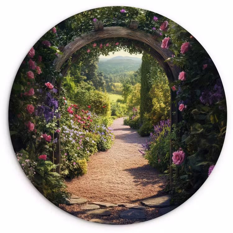 Doorkijk - Bloemen - Natuur - Rozenboog Wandcirkel plexiglas klein -3d