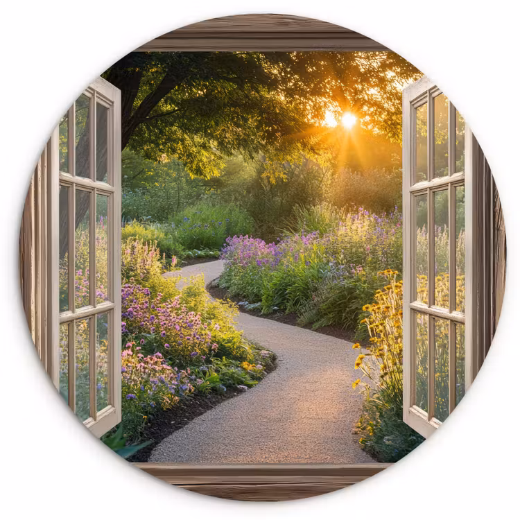 Doorkijk - Bloemen - Natuur - Zon - Pad Wandcirkel plexiglas klein -3d