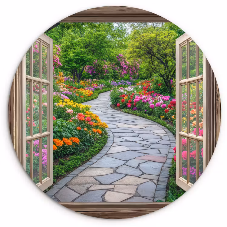 Doorkijk - Bloemen - Tuinpad - Natuur - Raam Wandcirkel plexiglas klein -3d