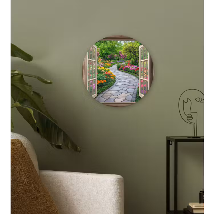 Doorkijk - Bloemen - Tuinpad - Natuur - Raam Wandcirkel plexiglas klein -sfeer3