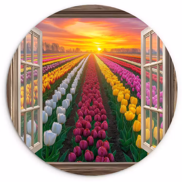 Doorkijk - Bloemen - Tulpen - Kleurrijk - Zonsondergang Wandcirkel plexiglas klein -3d