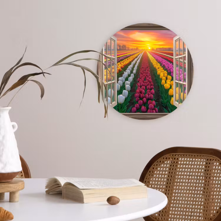 Doorkijk - Bloemen - Tulpen - Kleurrijk - Zonsondergang Wandcirkel plexiglas klein -sfeer4