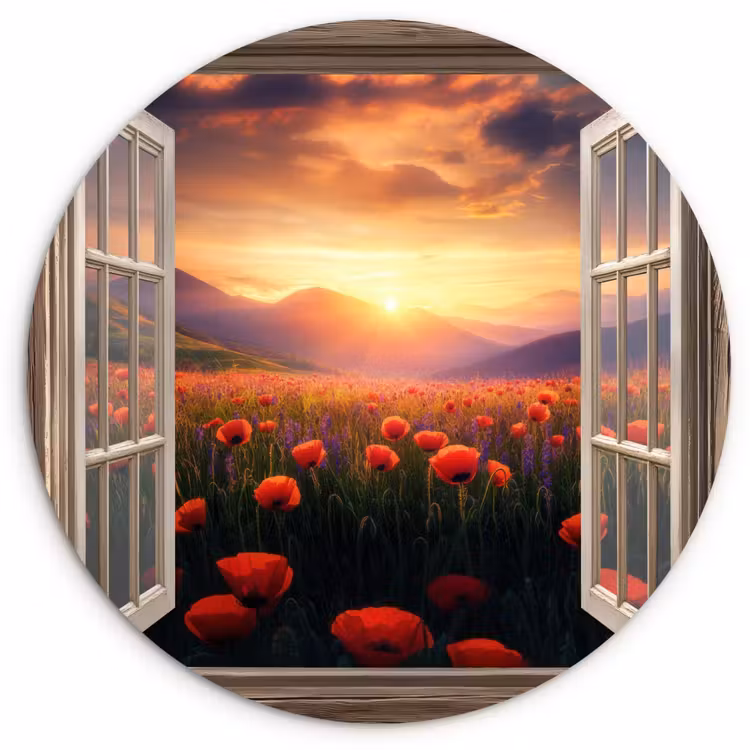 Doorkijk - Klaprozen - Bloemen - Rood - Open raam Wandcirkel plexiglas klein -3d
