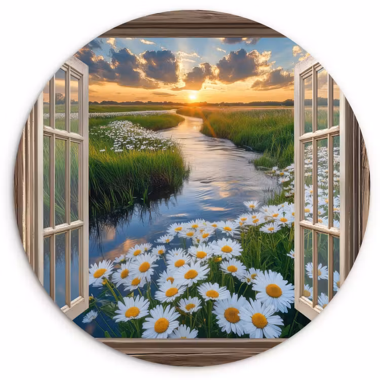 Doorkijk - Landschap - Raam - Water - Zonsondergang Wandcirkel plexiglas klein -3d