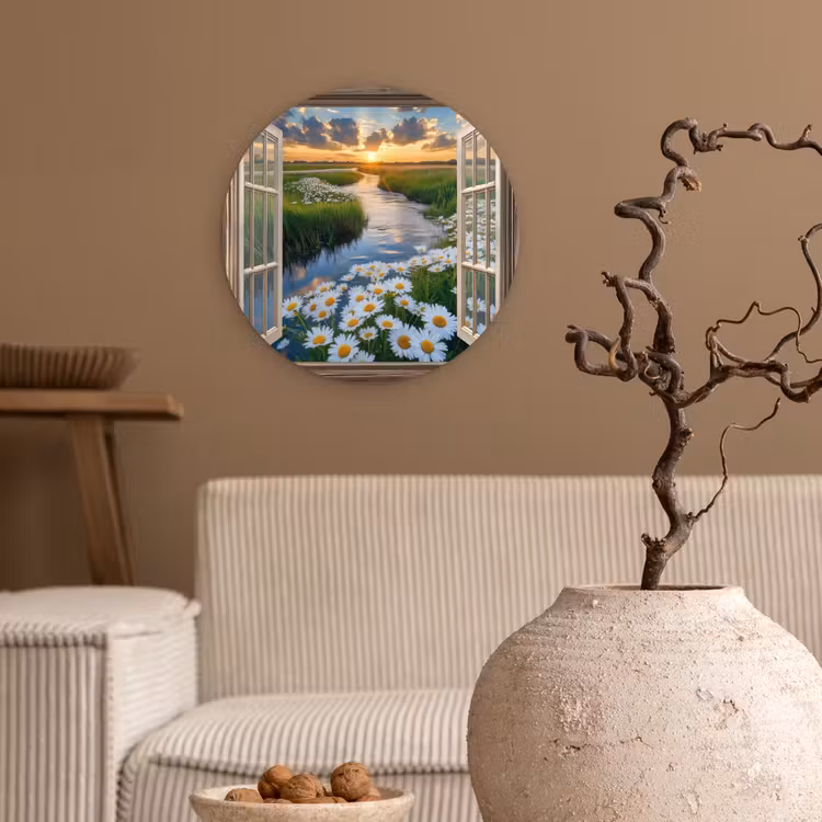 Doorkijk - Landschap - Raam - Water - Zonsondergang Wandcirkel plexiglas klein -sfeer1