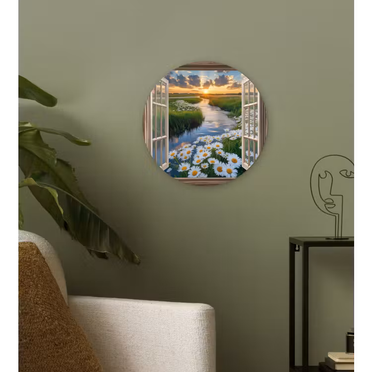 Doorkijk - Landschap - Raam - Water - Zonsondergang Wandcirkel plexiglas klein -sfeer3