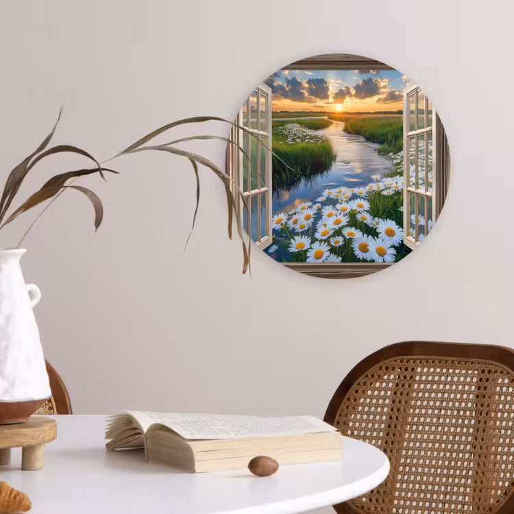Doorkijk - Landschap - Raam - Water - Zonsondergang Wandcirkel plexiglas klein -sfeer4