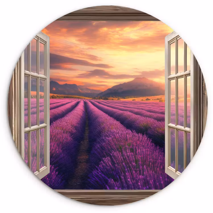 Doorkijk - Lavendel - Landschap - Bloemen - Paars Wandcirkel plexiglas klein -3d