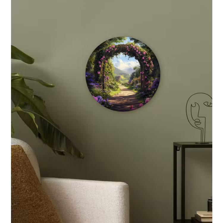 Doorkijk - Rozenboog - Uitzicht - Landschap - Bloemen Wandcirkel plexiglas klein -sfeer3