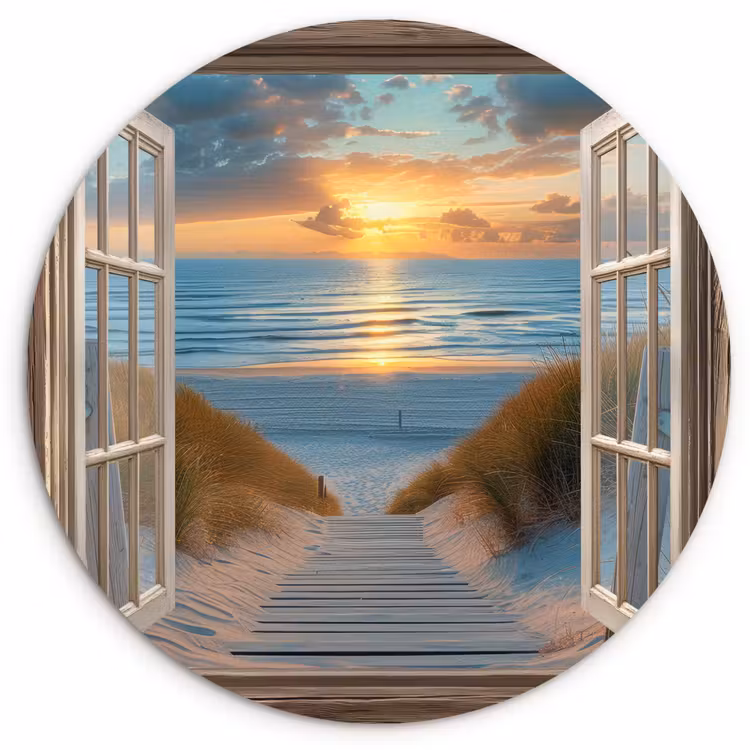 Doorkijk - Strand - Pad - Zonsondergang Wandcirkel plexiglas klein -3d