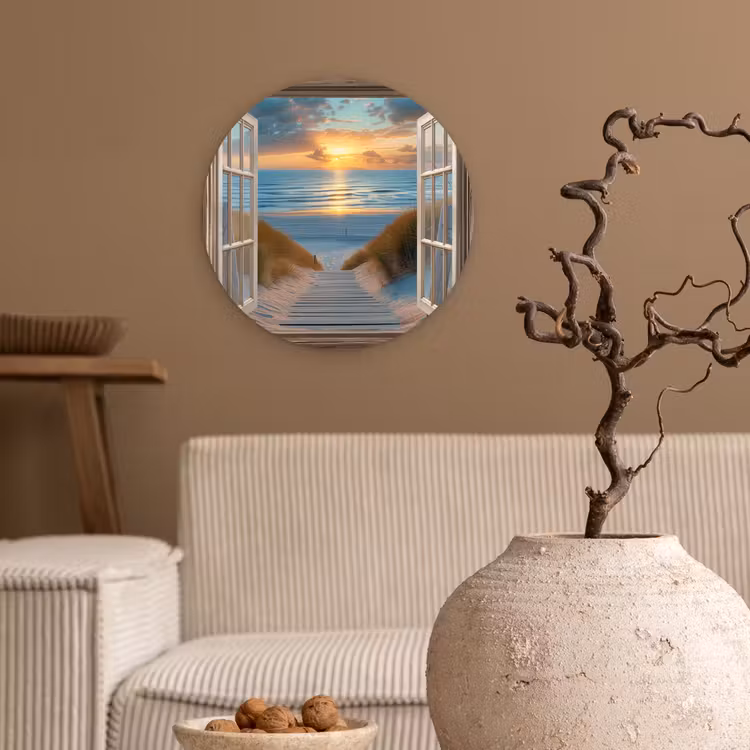Doorkijk - Strand - Pad - Zonsondergang Wandcirkel plexiglas klein -sfeer1