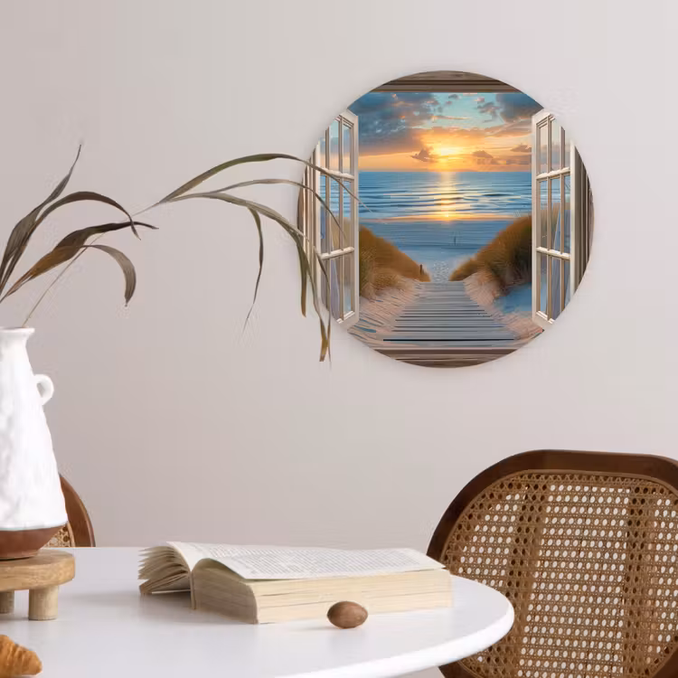 Doorkijk - Strand - Pad - Zonsondergang Wandcirkel plexiglas klein -sfeer4