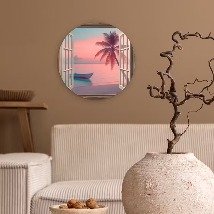 Doorkijk - Strand - Palmboom - Tropisch Wandcirkel plexiglas klein -sfeer1