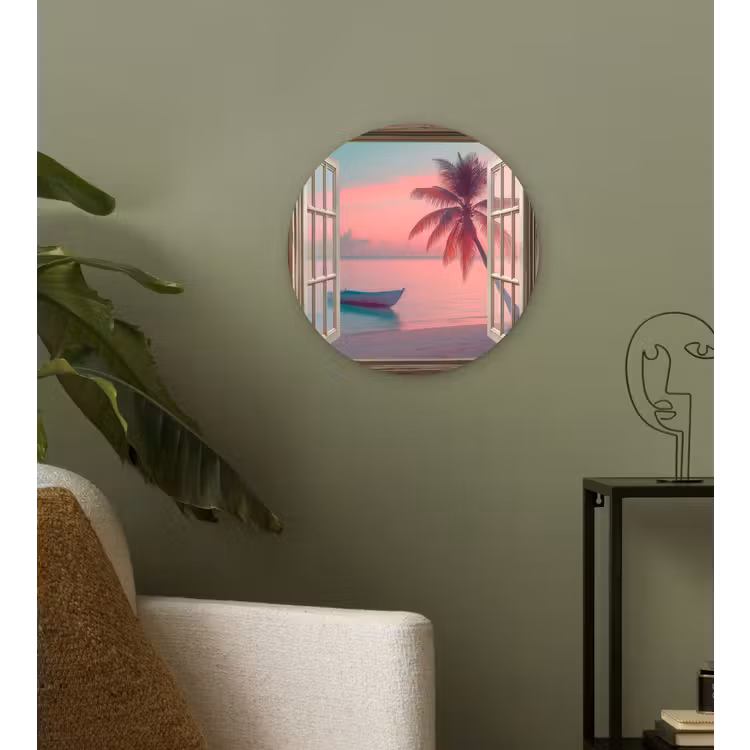 Doorkijk - Strand - Palmboom - Tropisch Wandcirkel plexiglas klein -sfeer3