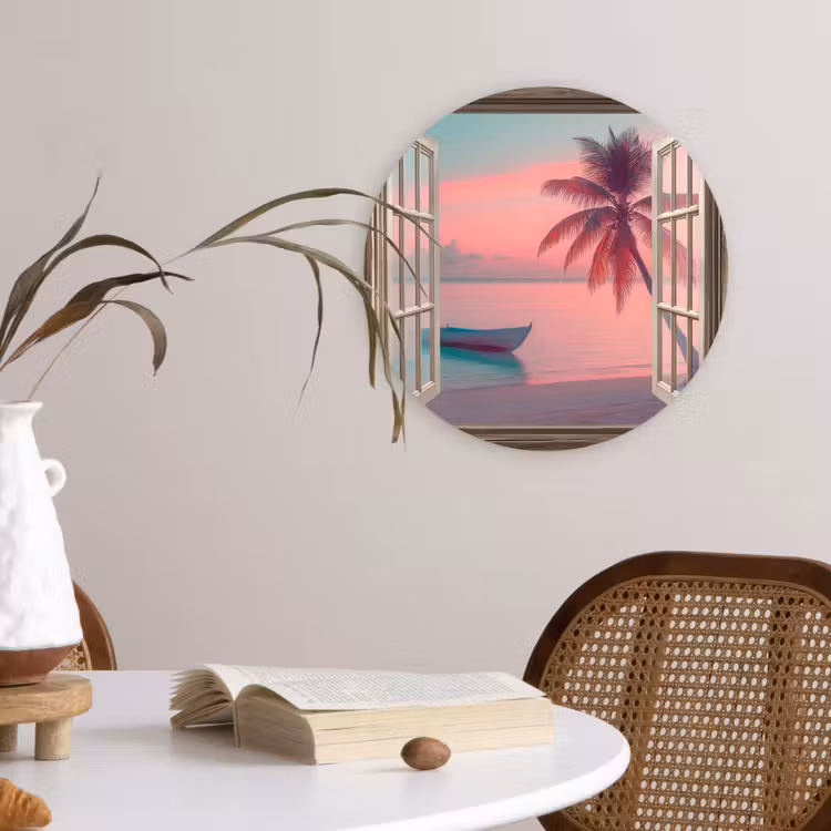 Doorkijk - Strand - Palmboom - Tropisch Wandcirkel plexiglas klein -sfeer4