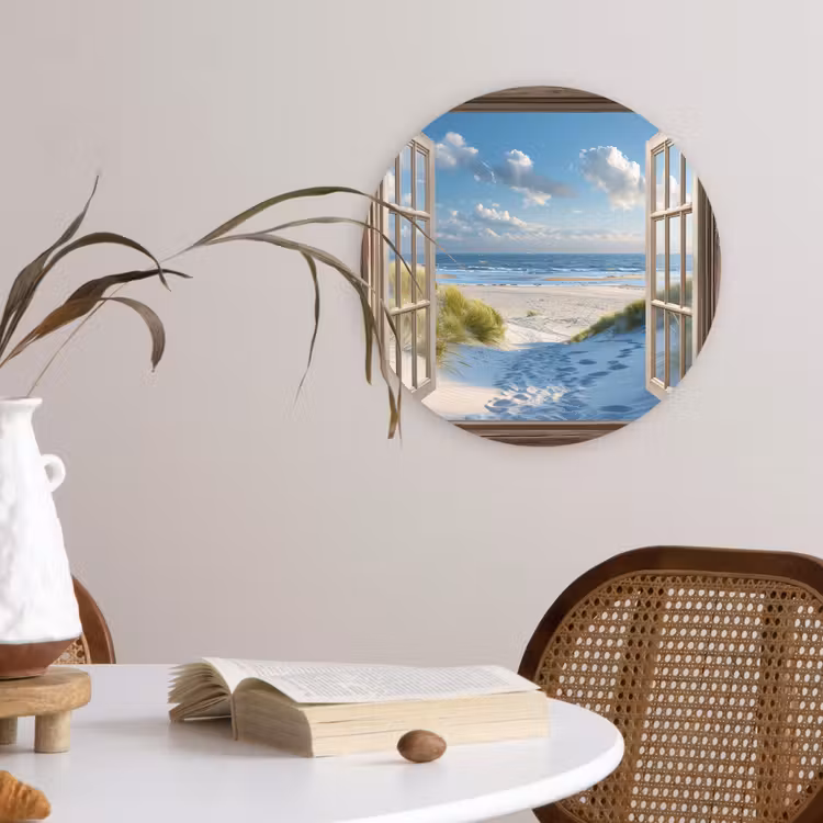 Doorkijk - Strand - Raam - Duinen - Zee Wandcirkel plexiglas klein -sfeer4