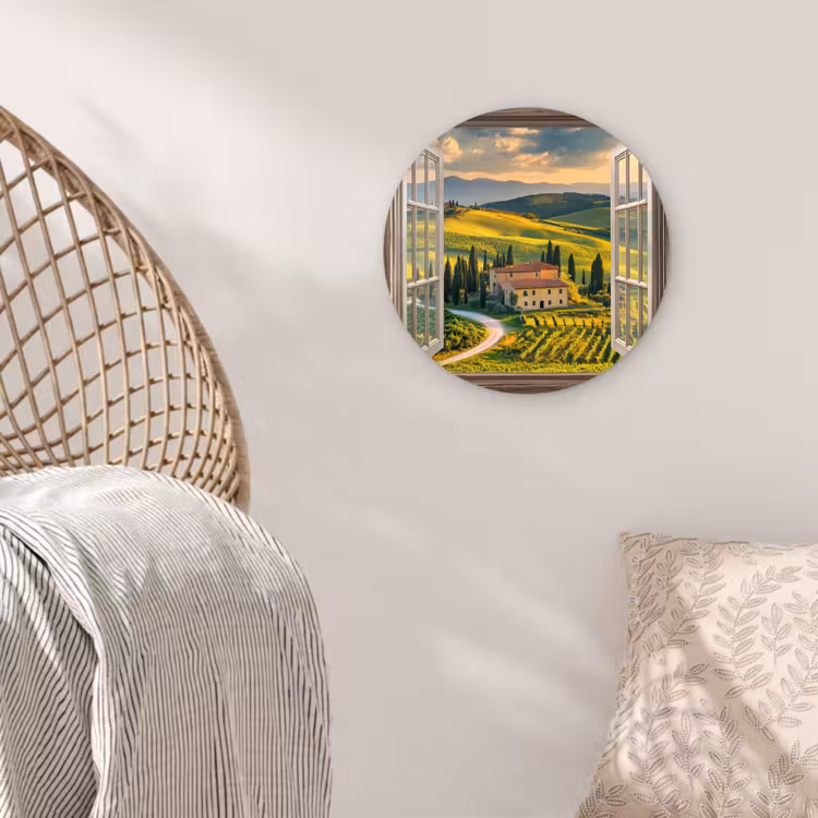 Doorkijk - Toscane - Uitzicht - Landschap - Zomer Wandcirkel plexiglas klein -sfeer5
