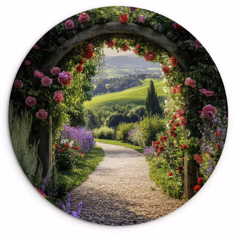 Doorkijk - Tuinboog - Bloemen - Natuur - Pad Wandcirkel plexiglas klein -3d