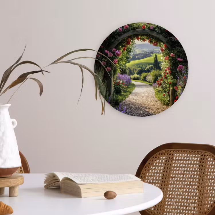 Doorkijk - Tuinboog - Bloemen - Natuur - Pad Wandcirkel plexiglas klein -sfeer4