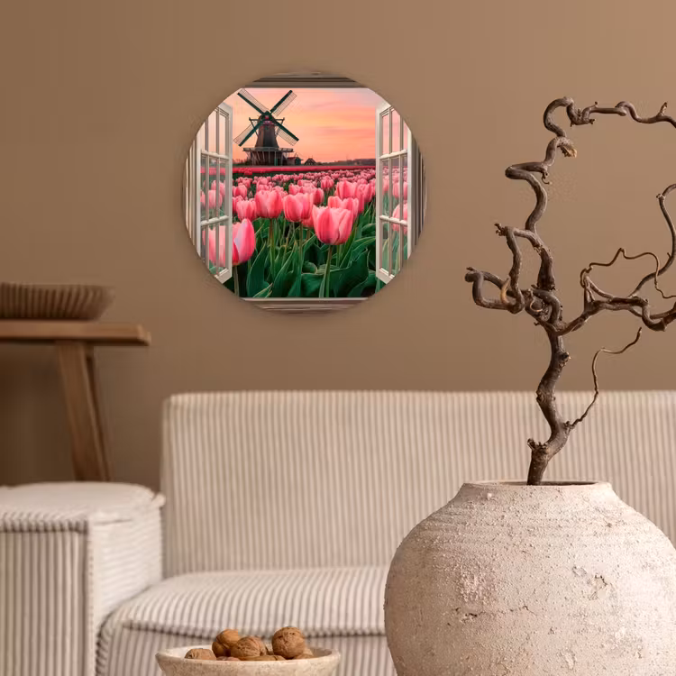 Doorkijk - Tulpen - Bloemen - Molen - Raam Wandcirkel plexiglas klein -sfeer1