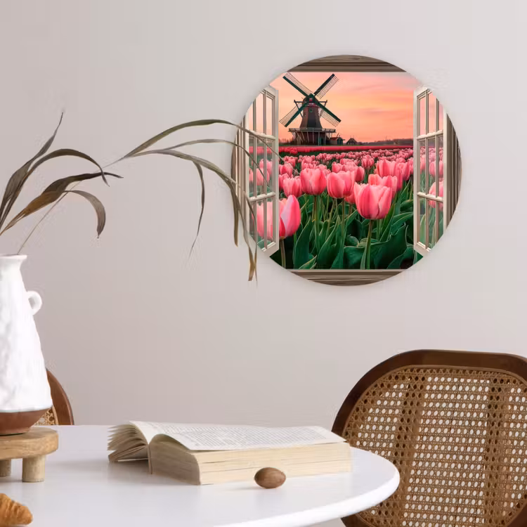 Doorkijk - Tulpen - Bloemen - Molen - Raam Wandcirkel plexiglas klein -sfeer4