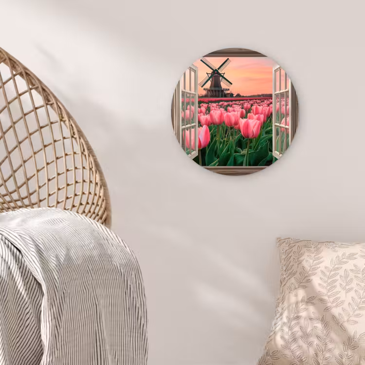 Doorkijk - Tulpen - Bloemen - Molen - Raam Wandcirkel plexiglas klein -sfeer5