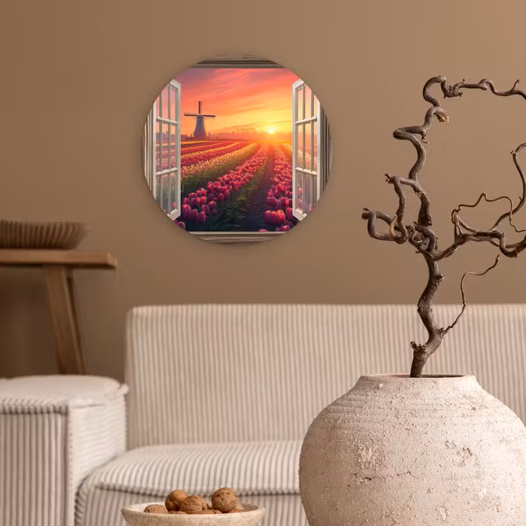 Doorkijk - Tulpen - Zonsondergang - Bloemen - Kleurrijk Wandcirkel plexiglas klein -sfeer1