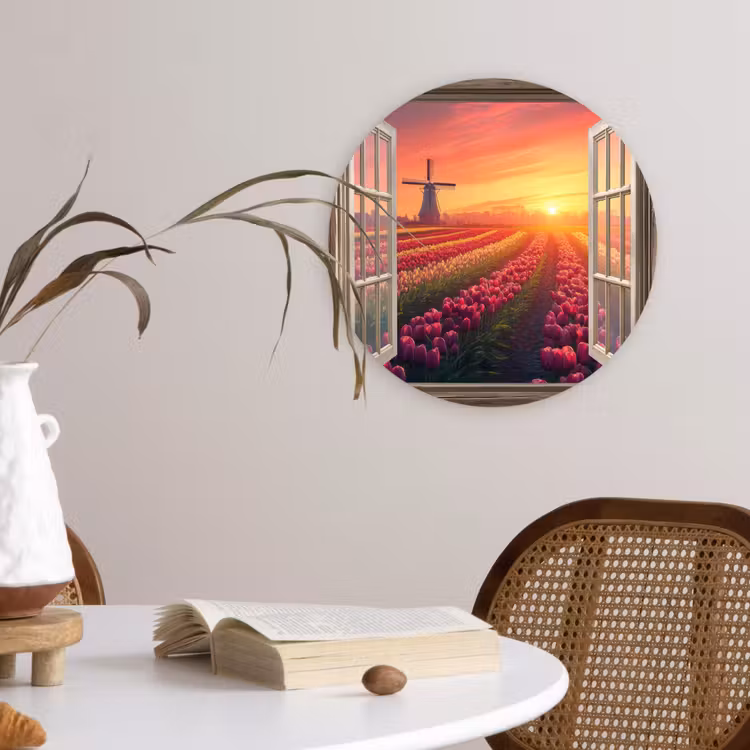 Doorkijk - Tulpen - Zonsondergang - Bloemen - Kleurrijk Wandcirkel plexiglas klein -sfeer4