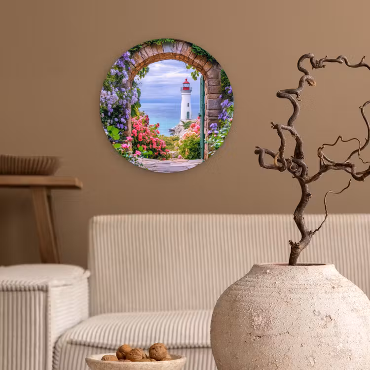 Doorkijk - Vuurtoren - Bloemen - Uitzicht Wandcirkel plexiglas klein -sfeer1