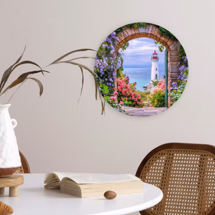 Doorkijk - Vuurtoren - Bloemen - Uitzicht Wandcirkel plexiglas klein -sfeer4