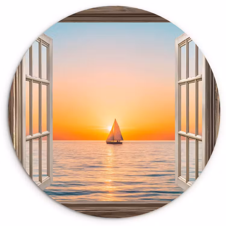 Doorkijk - Zee - Boot - Zonsondergang Wandcirkel plexiglas klein -3d