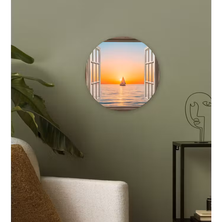 Doorkijk - Zee - Boot - Zonsondergang Wandcirkel plexiglas klein -sfeer3