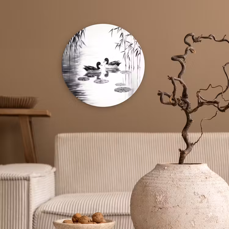 Eenden - Waterlelies - Riet - Zwart Wandcirkel plexiglas klein -sfeer1