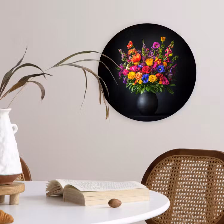 Felgekleurd - Bloemen - Vaas Wandcirkel plexiglas klein -sfeer4
