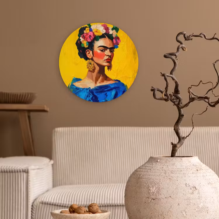 Frida Kahlo - Vrouw - Geel - Blauw - Bloemen Wandcirkel plexiglas klein -sfeer1