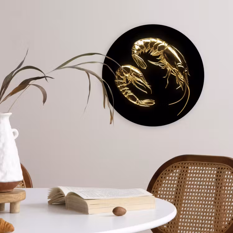 Garnalen - Zwart - Goud - Dieren Wandcirkel plexiglas klein -sfeer4