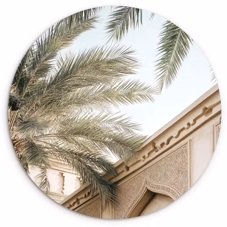 Gebouw - Palmbomen - Beige - Zon Wandcirkel plexiglas klein -3d