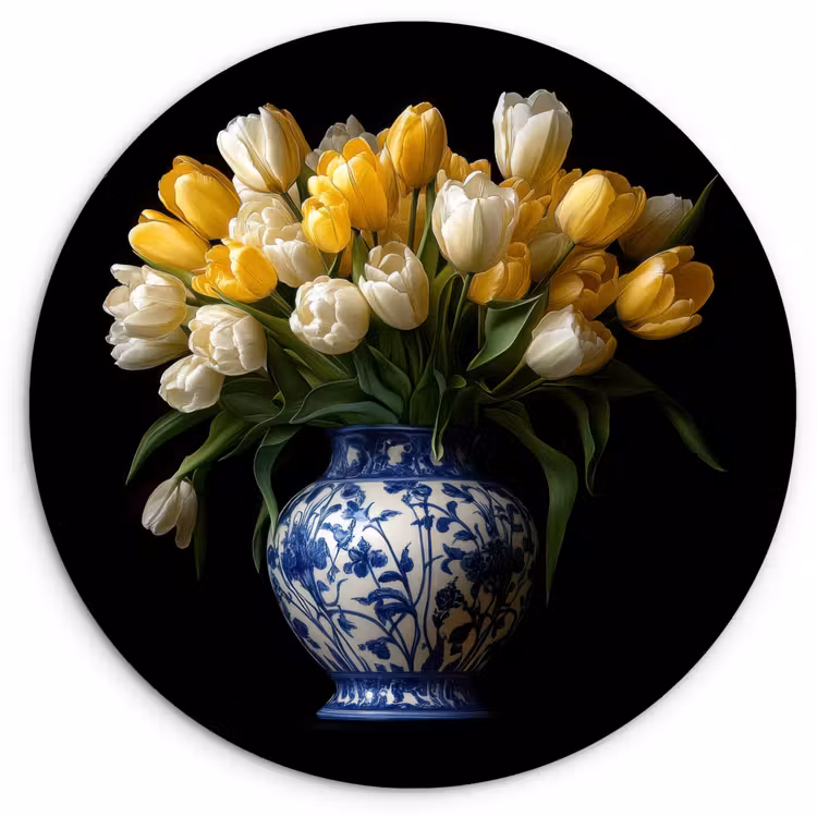 Geel - Tulpen - Vaas - Bloemen Wandcirkel plexiglas klein -3d