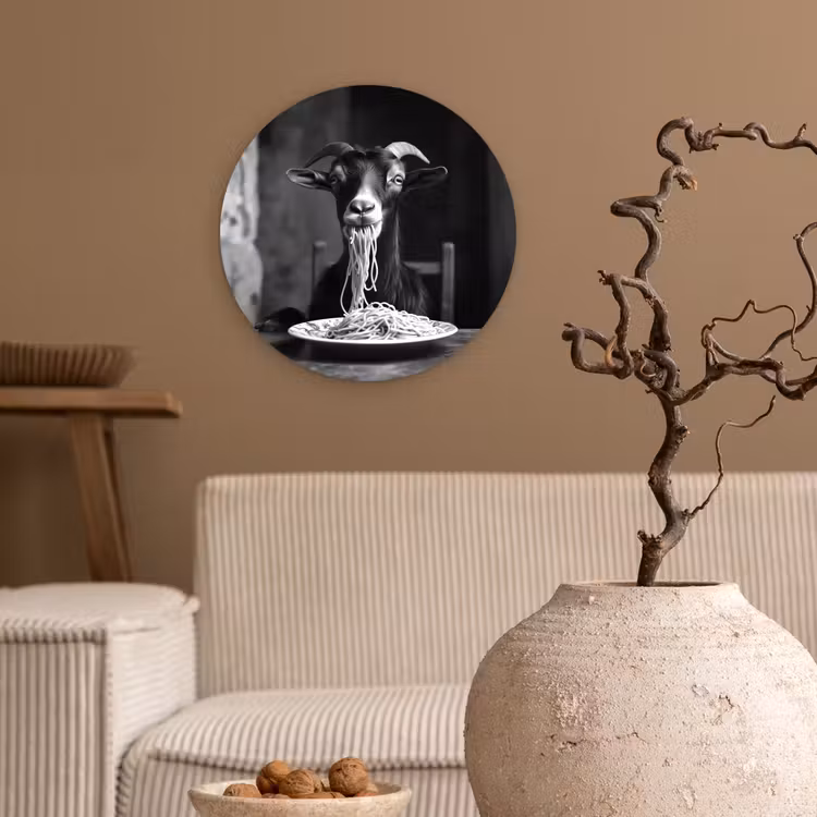 Geit - Bord - Spaghetti - Zwart Wit Wandcirkel plexiglas klein -sfeer1