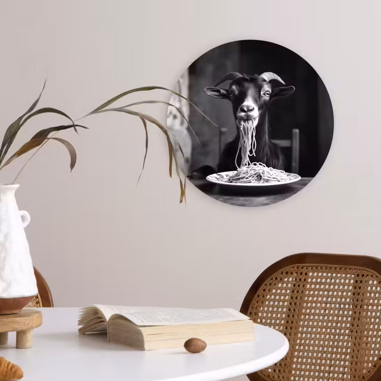 Geit - Bord - Spaghetti - Zwart Wit Wandcirkel plexiglas klein -sfeer4