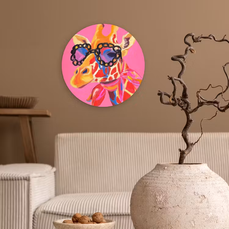 Giraf - Roze - Bril - Sjaal Wandcirkel plexiglas klein -sfeer1