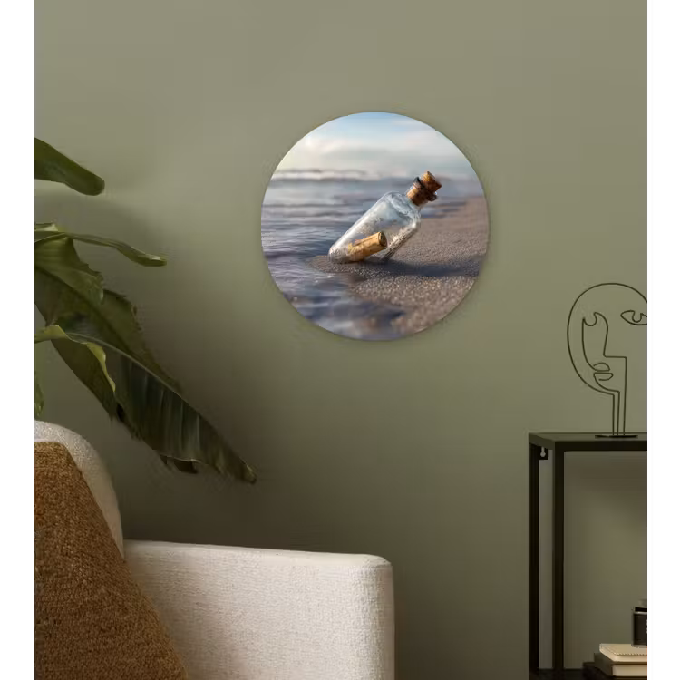 Glazenfles - Post - Zee - Zand Wandcirkel plexiglas klein -sfeer3