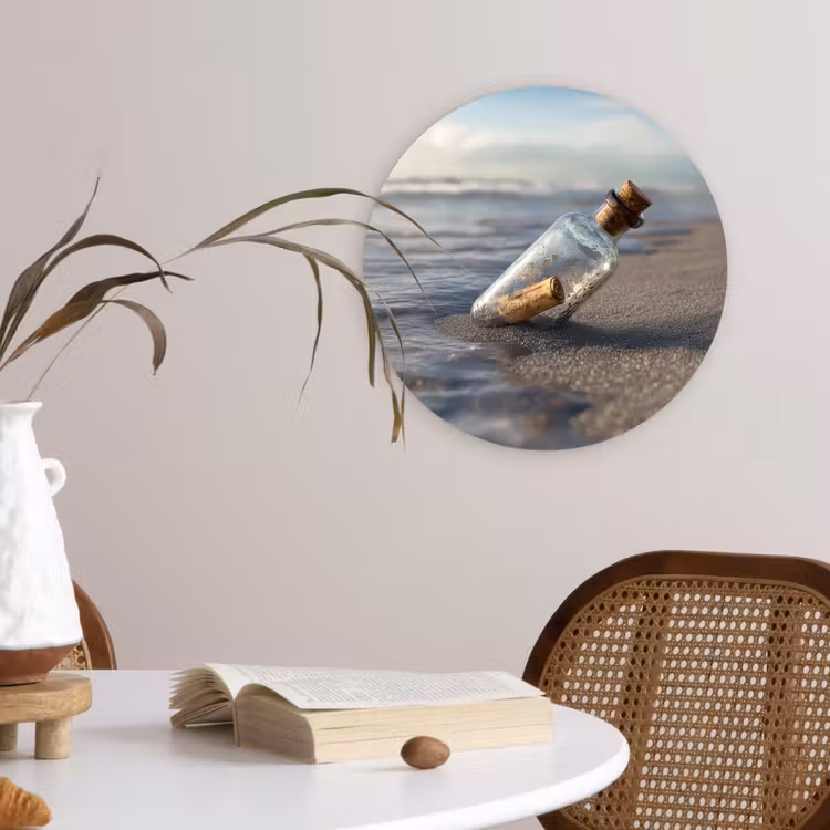 Glazenfles - Post - Zee - Zand Wandcirkel plexiglas klein -sfeer4