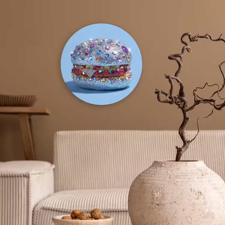 Glitters - Hamburger - Blauw Wandcirkel plexiglas klein -sfeer1