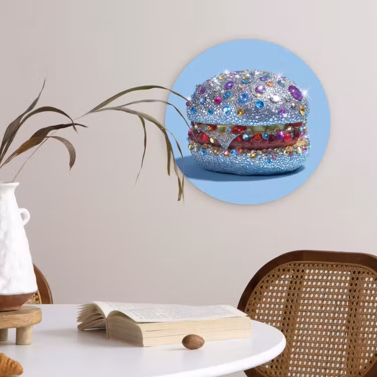 Glitters - Hamburger - Blauw Wandcirkel plexiglas klein -sfeer4