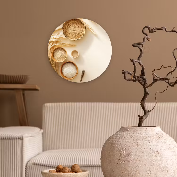 Granen - Hout - Kom - Beige Wandcirkel plexiglas klein -sfeer1
