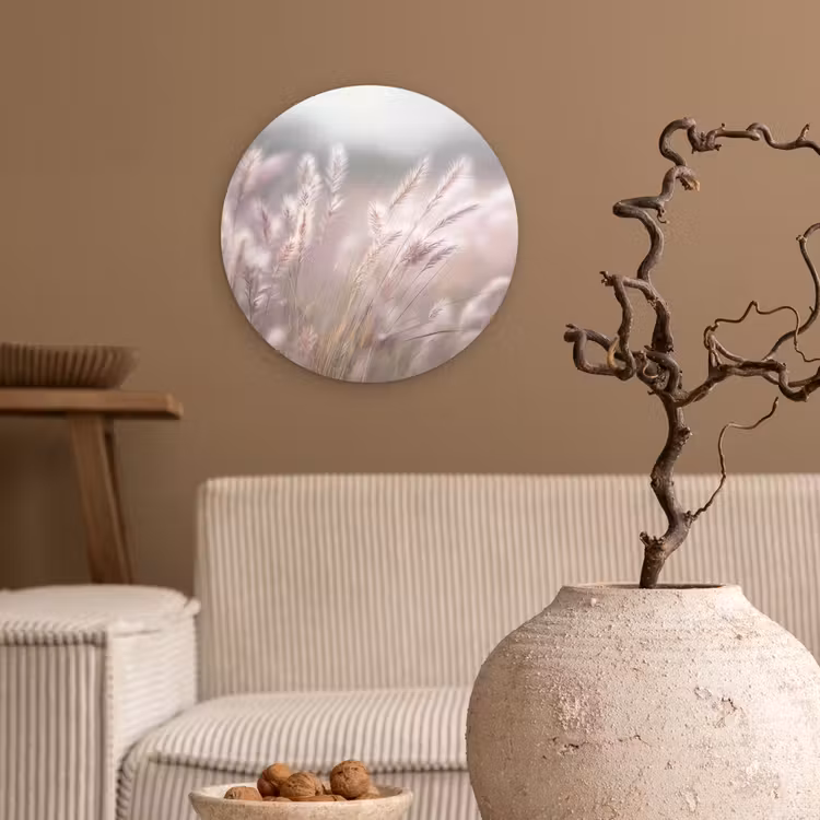 Graspluimen - Wind - Beige - Mistig Wandcirkel plexiglas klein -sfeer1