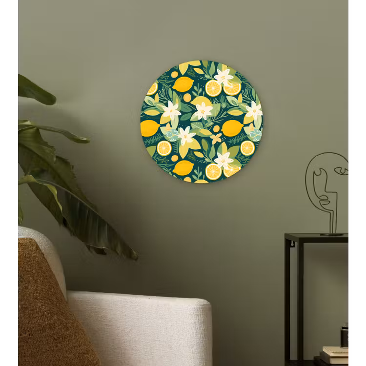 Groen - Bloemen - Citroenpartjes Wandcirkel plexiglas klein 852 -sfeer3